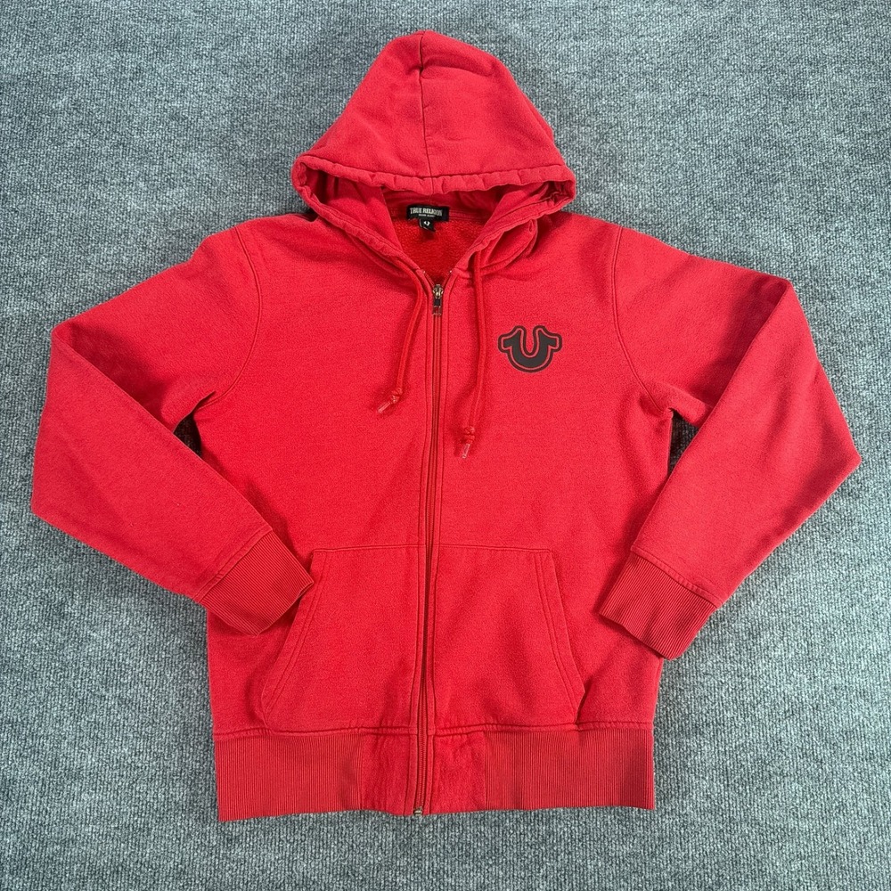 True Religion Mens Red Buddha Full Zip Hoodie Sweatshirt Small Streetwear Casual